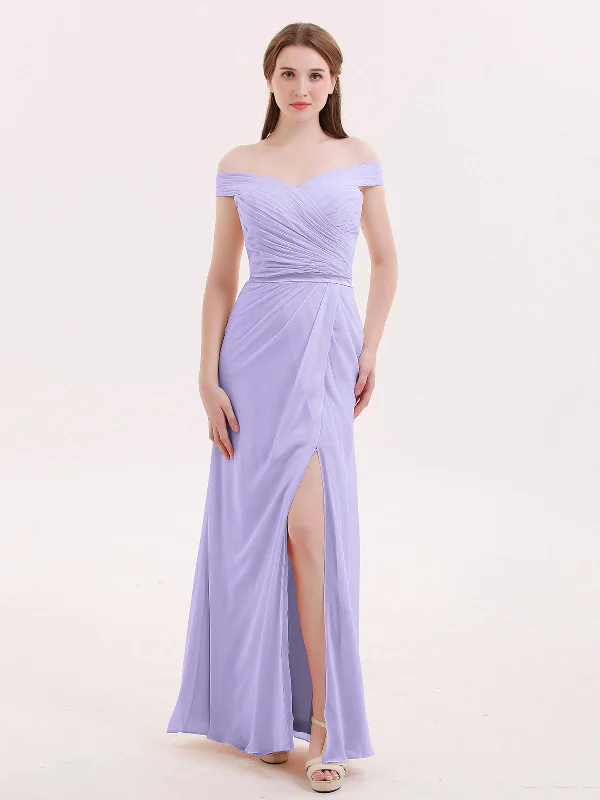 Chiffon Off Shoulder Dresses with Slit-Lilac