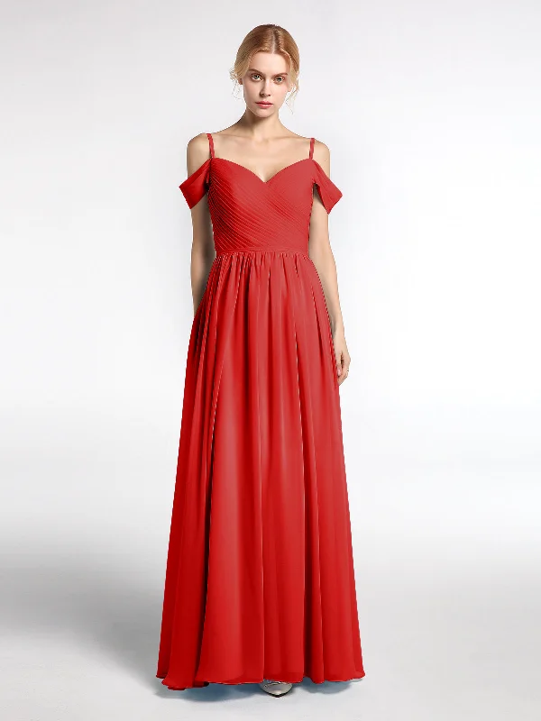 Chiffon Bridesmaid Dress with Pleated Bodice-Red