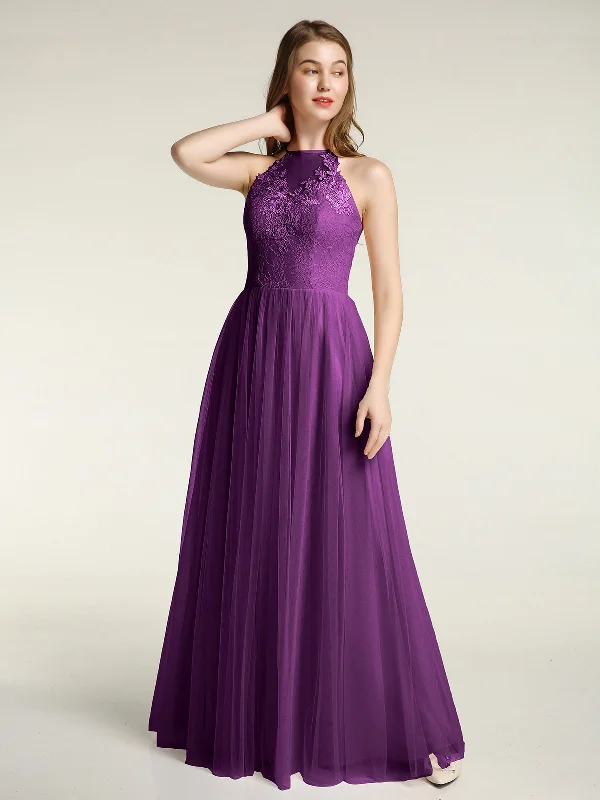 Lace Bodice and Tulle Skirt Long Dresses-Grape