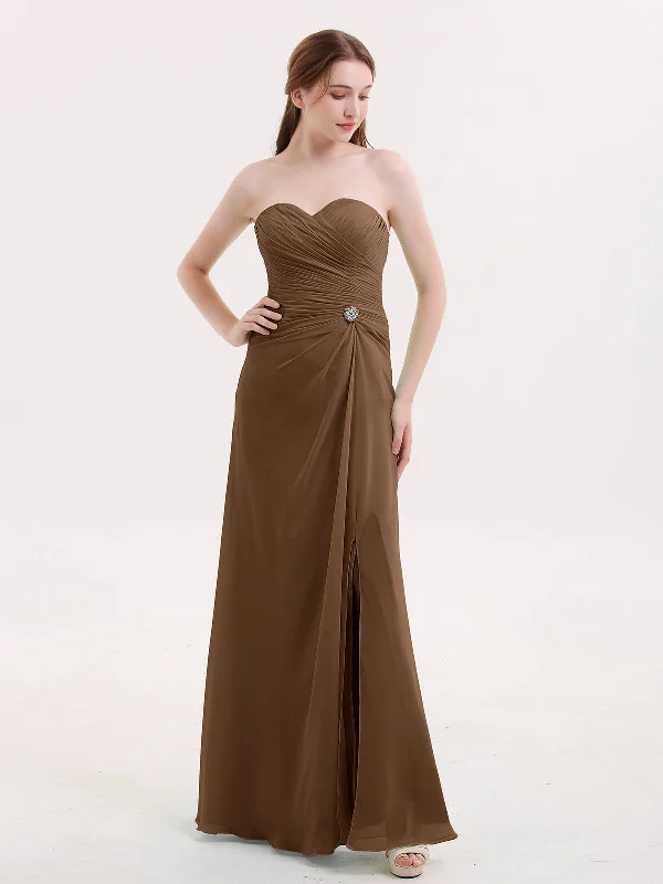 Strapless Sweetheart Neck Dress with Slit-Brown