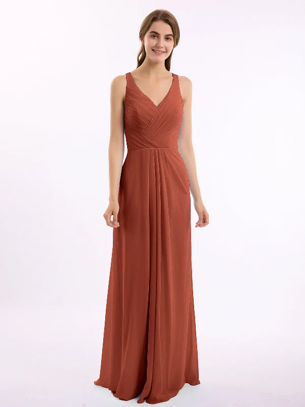 V-neck Chiffon Bridesmaid Dress with Open Back Rust