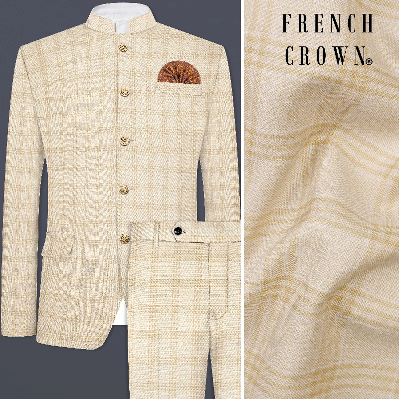 Bizarre Cream Windowpane Bandhgala Suit