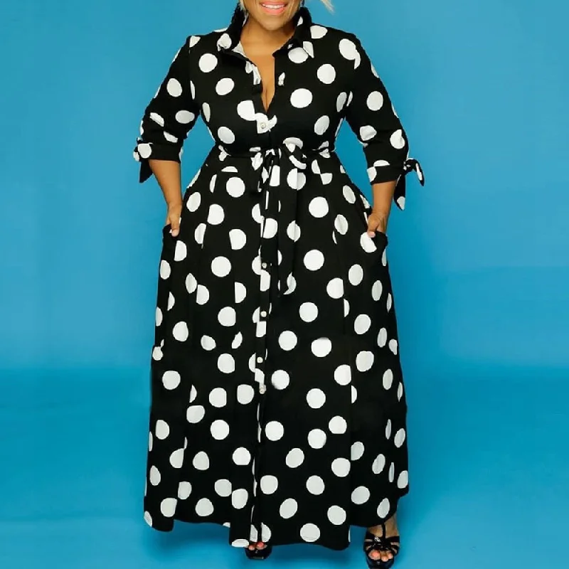 Black and White Polka Dot Dress Plus Size 4xl 5xl Floor Length Long Sleeve Single Breasted Autumn Fashion Party Dinner Dress Hot