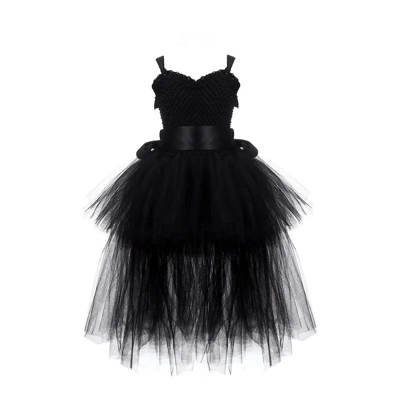 sixsr Black Girls Tutu Dress Tulle V-neck Train Girl Evening Birthday Party Dresses Kids Girl Ball Gown Dress Halloween Costume 1-14YY