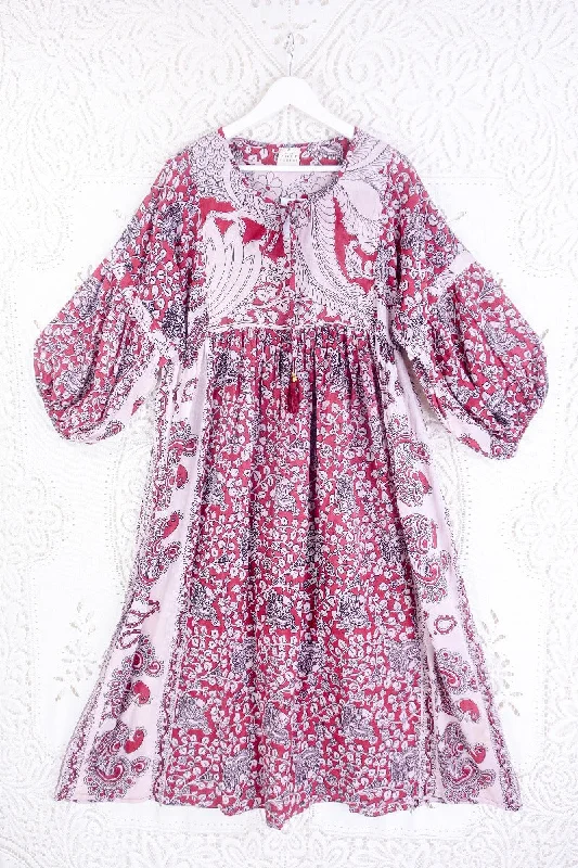 Daisy Midi Smock Dress - Vintage Indian Cotton - Garnet & Snow Peacock Floral - M/L