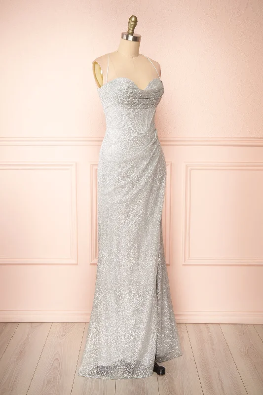 Frosti Silver | Sparkly Cowl Neck Maxi Dress