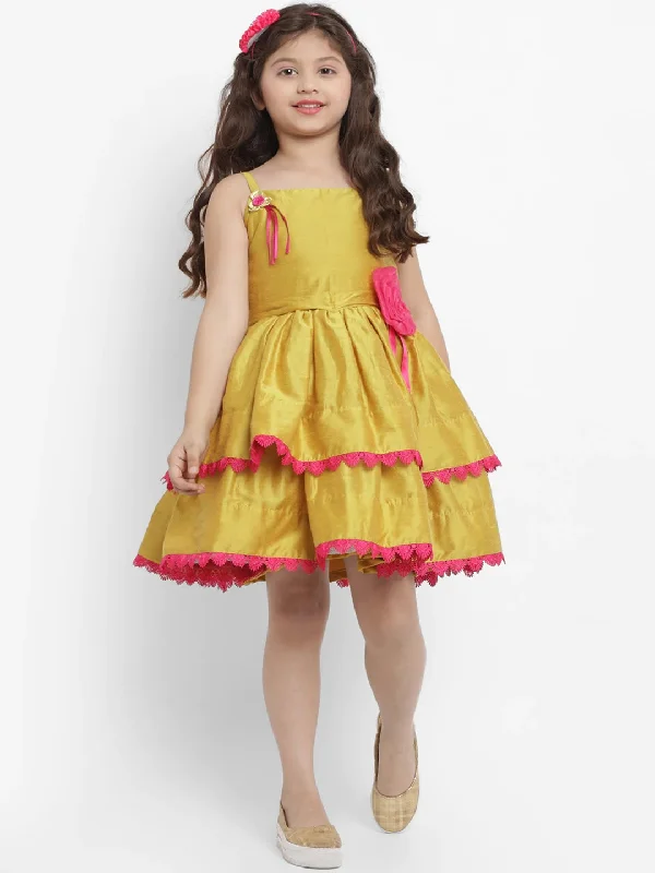 Girl's Mustard Yellow Self Design Fit And Flare Dress - Bitiya By Bhama