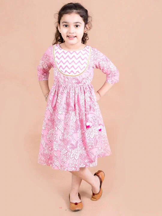 Girls Pink Floral Printed Pure Cotton Dress - Ps Peaches