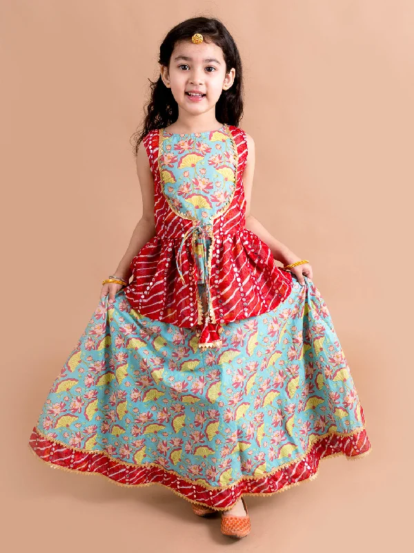 Girls Green Pink Printed Ready To Wear Lehenga Choli - Ps Peaches