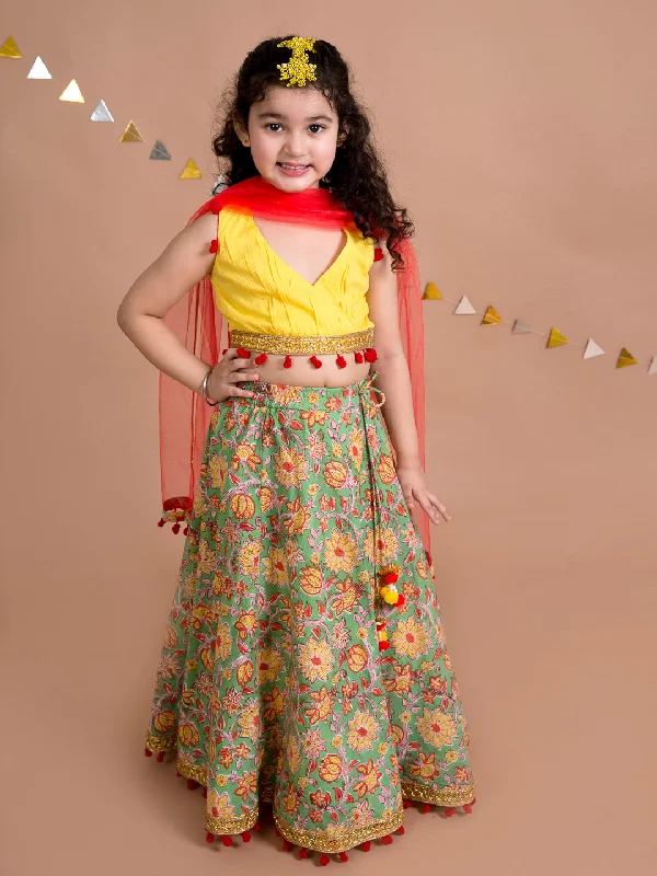 Girls Green Yellow Embellished Ready To Wear Lehenga Choli - Ps Peaches