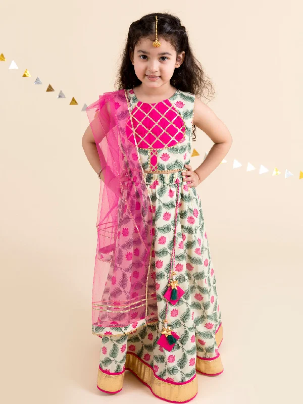 Girls Off White Pink Printed Ready To Wear Lehenga Blouse With Dupatta - Ps Peaches