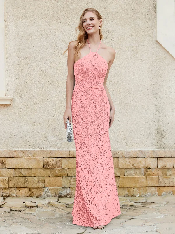 Halter Neck Sheath Lace Gown Flamingo