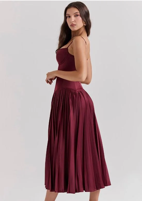 Hire HOUSE OF CB Beau Wine Satin Pleated Midi Dress in Red Wine