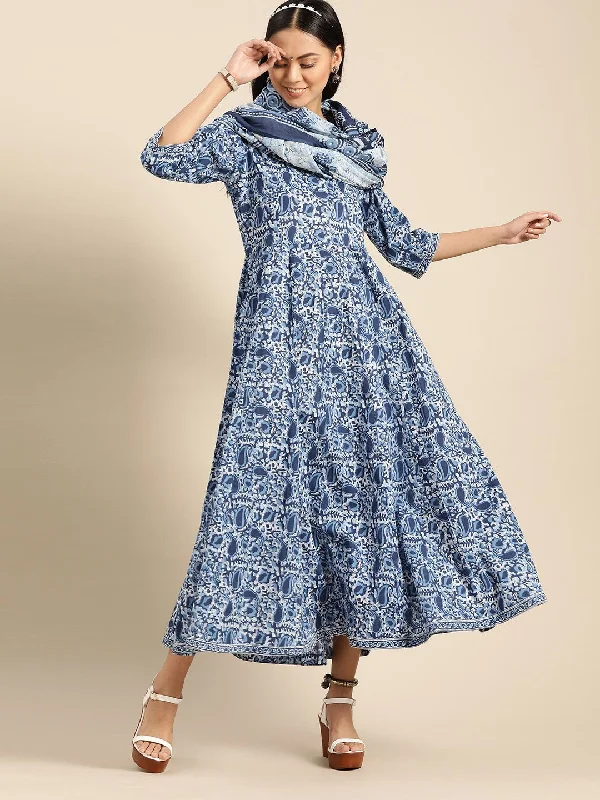 Women's Indigo Floral Printed Flared Round Neck Dress With Three Quarters Sleeves  & Dupatta - Nayo Clothing