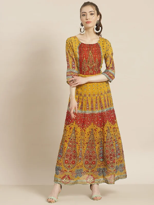 Women's Mustard Georgette Printed Anarkali Dress - Juniper