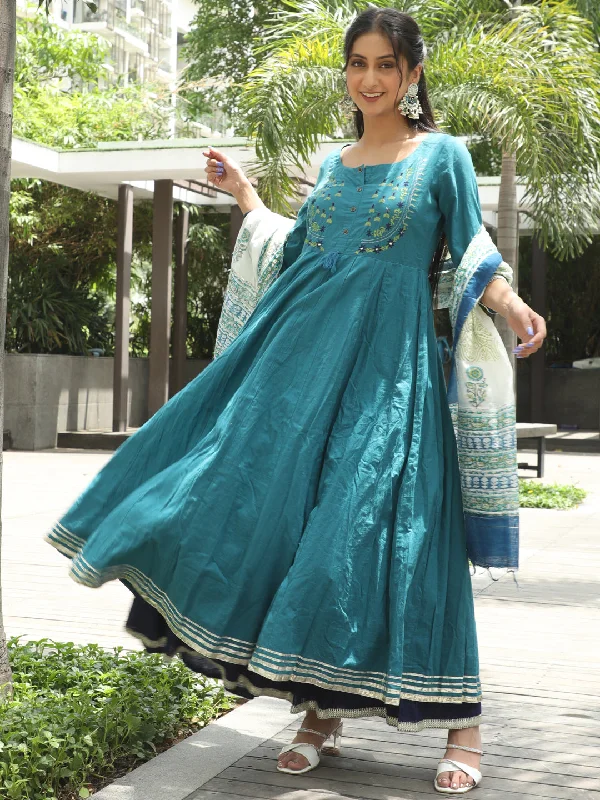 Women's Indigo & Blue Cotton Embroidered Layered Maxi with Dupatta - Aks