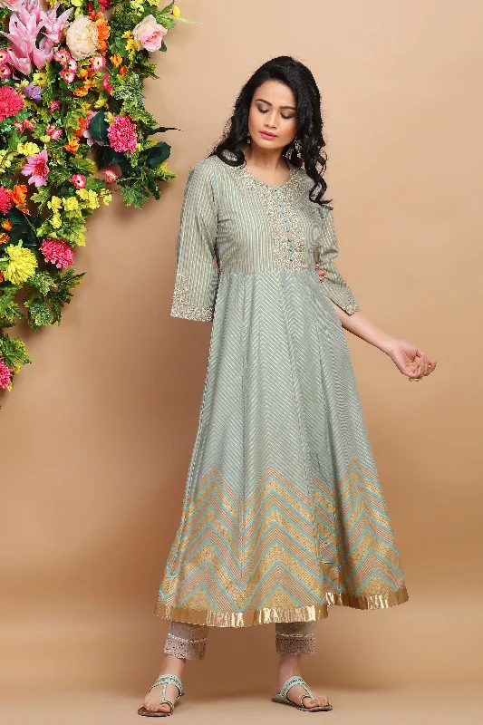 Women's Mint Rayon Printed Anarkali Kurta Dress - Juniper