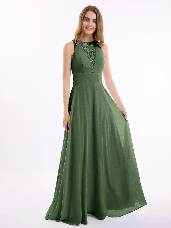 Lace Deep V-neck and Back Chiffon Long Dresses-Olive Green