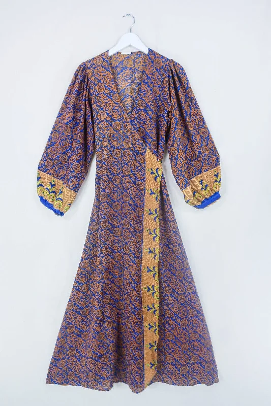 Lola Long Wrap Dress - Ginger & Indigo Psychedelic - Vintage Indian Sari - Size S/M