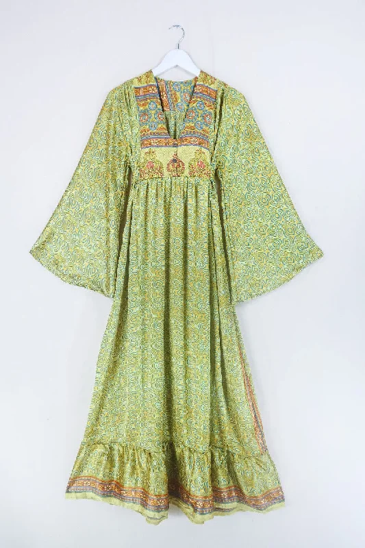 Lunar Maxi Dress - Vintage Sari - Sunny Yellow Motif - Size S