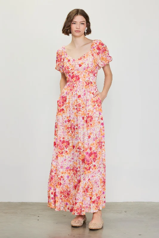 Peachy Floral Print Maxi Dress