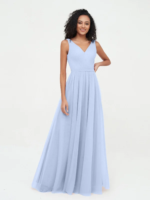 Princess Full Length Tulle Dresses with V-neckline-Sky Blue