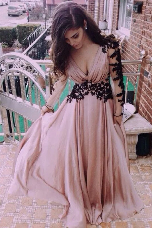 Real Beauty Long Sleeves V-neck Open Back Long Prom Dress K48