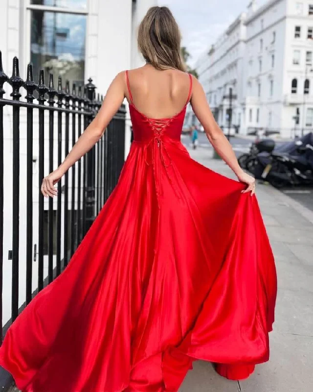 Simple A Line Red Spaghetti Straps Long Prom Dress Formal Evening Dress OK1141