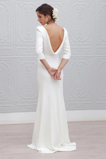 Simple Sheath Bateau Backless 3/4 Sleeves Sweep Train Beach Wedding Dress OKS35