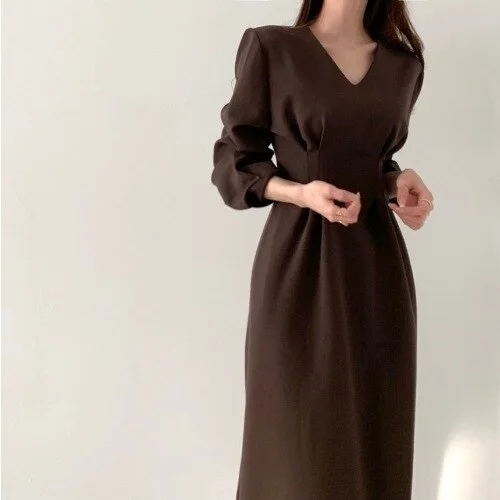 Sixsr Spring Autumn Women Solid Black Elegant Office Lady V Neck Fashion Long Korea Chic Dress