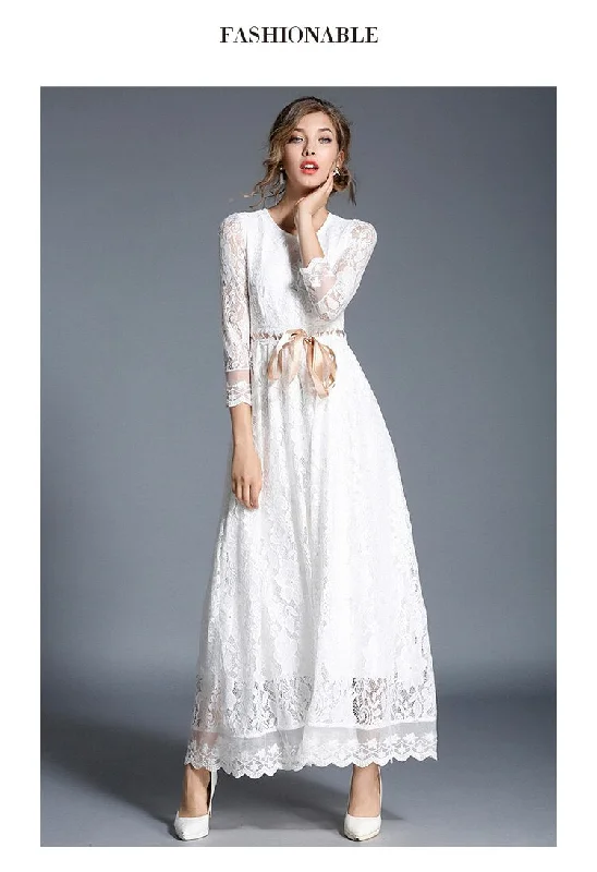 Sixsr  Fashion Trends High-end Hollow Out White Lace Dress Women Maxi Dress Robe Femme Ete Autumn Long Party Dresses Vestido Longo