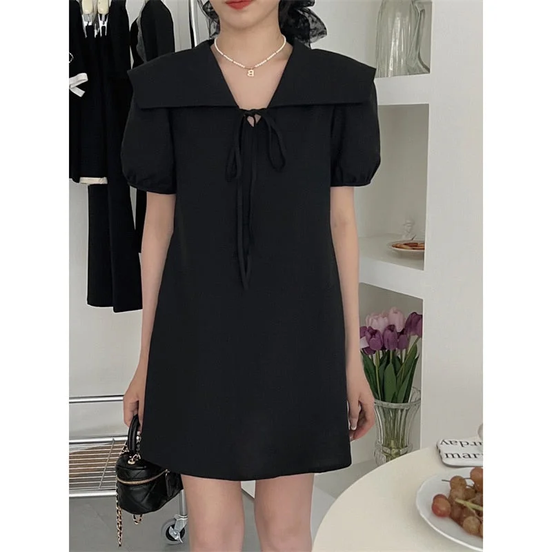 Solid Dress for Women Fashion High Waisted Short Sleeve Sailor Collar Lace Up Mini Dresses  New Spring Summer Dress