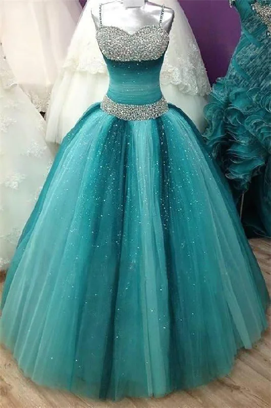 Spaghetti Straps Long Beading Sequin Shiny Ball Gowns Prom Dresses,Quinceanera Dresses OK395