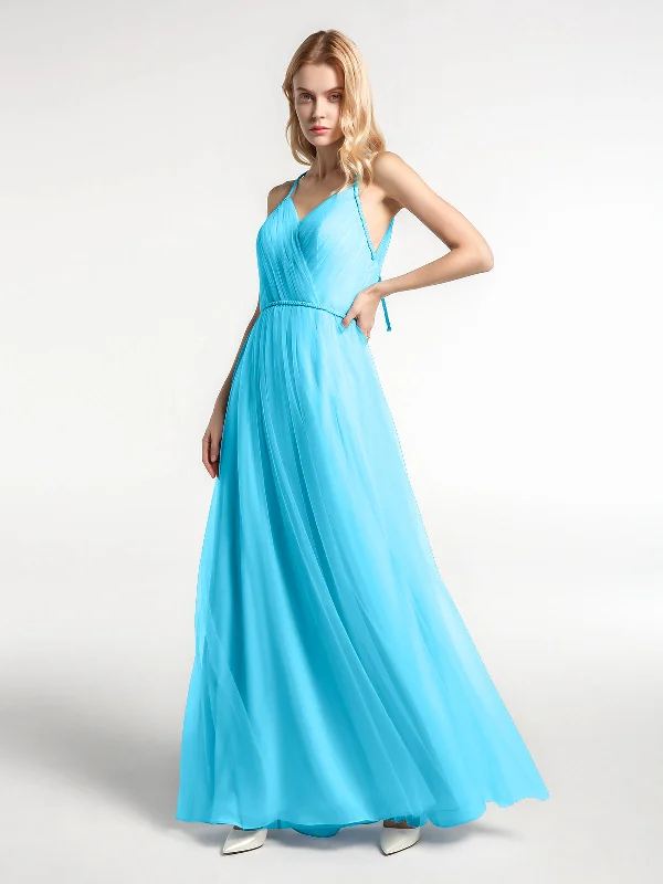 Twist Straps Tulle Maxi Dress with V Neckline Pool