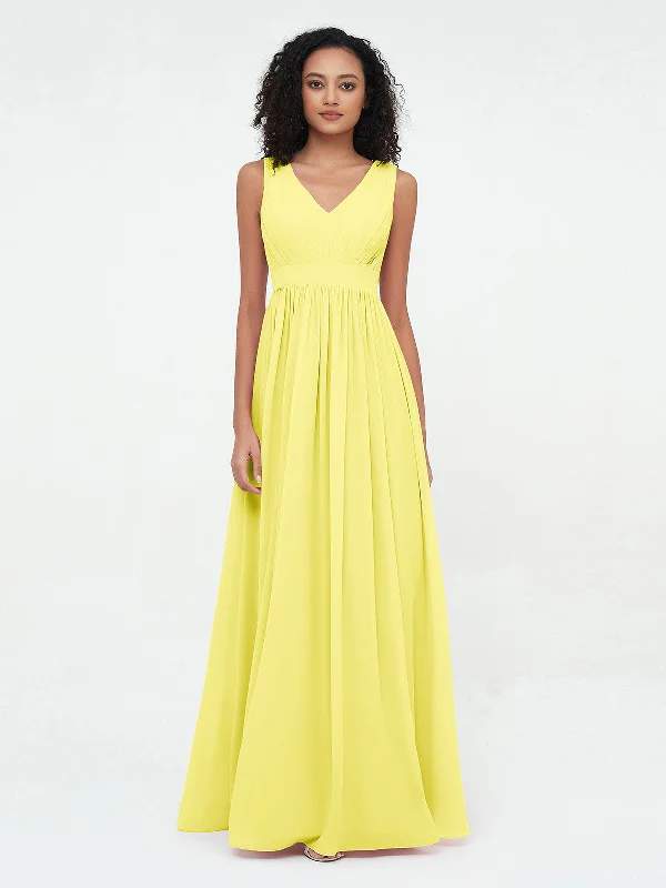 V neck Chiffon Long Dresses with Open Back Lemon