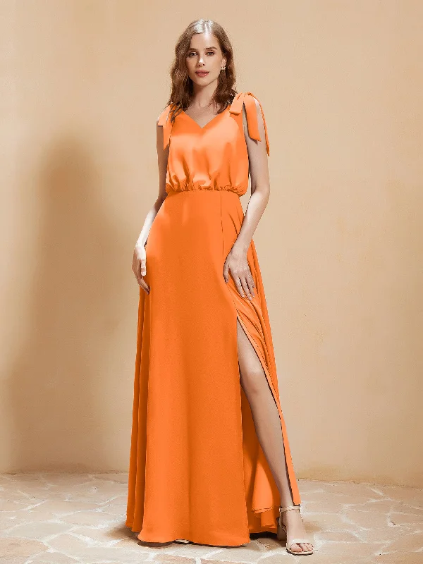 V-neck Floor-length Chiffon Dress With Silt Orange