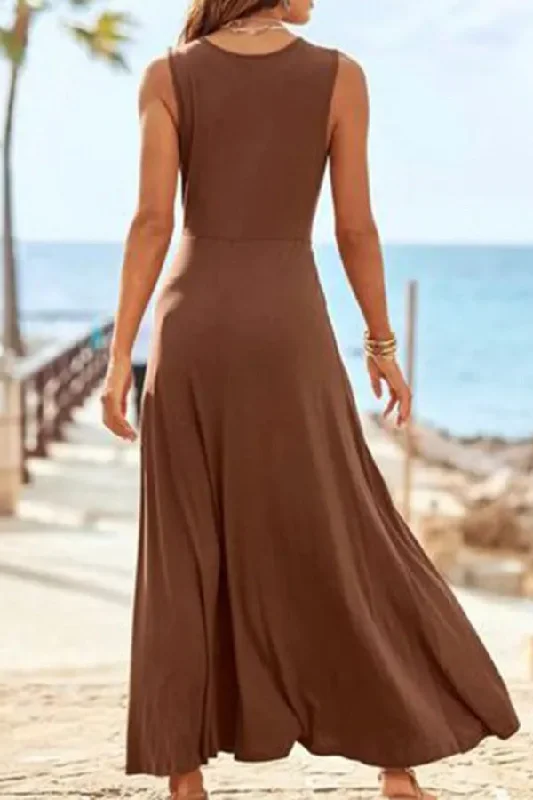 V-neck Sleeveless Brown Maxi Dress