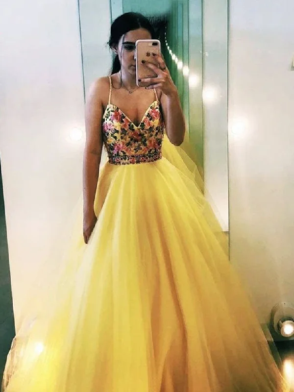 V Neck Spaghetti Straps Yellow Tulle A-line Prom Dress with Floral Appliques OKT61