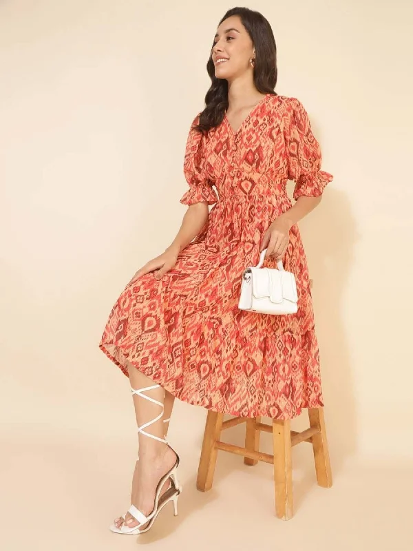 Women's Dobby Georgette Ikat Printed Mustard Casual Dress - Janasya