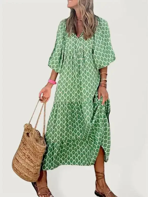 Women’s Geometric Print Puff-sleeve Maxi Dress