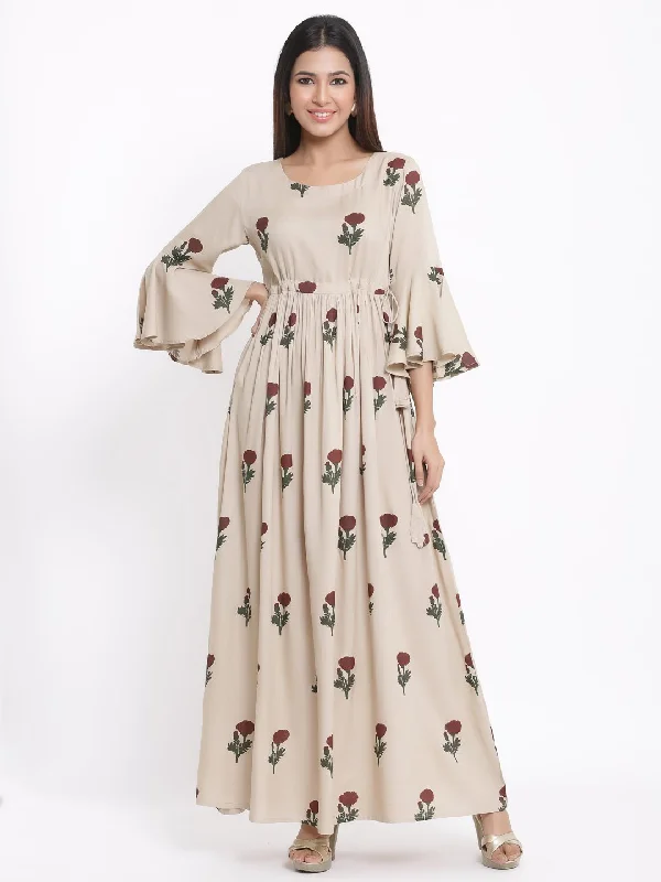 Women's Printed Rayon Fabric Maxi Off White Color - Kipek