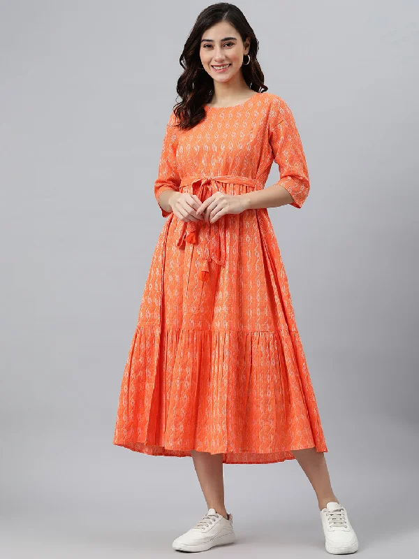 Women's Woven Design Orange Cotton Dress - Janasya