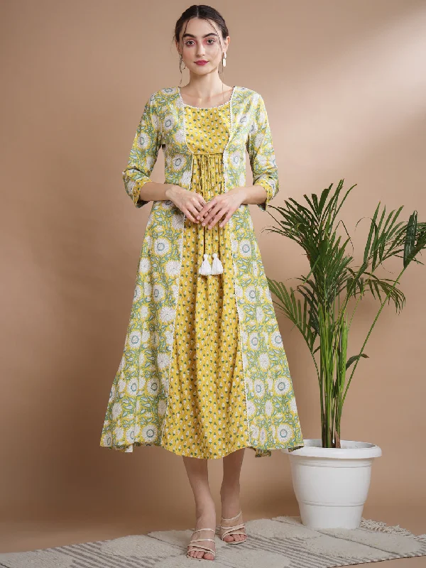 Women's Yellow Floral Printed Gown Dress - Myshka