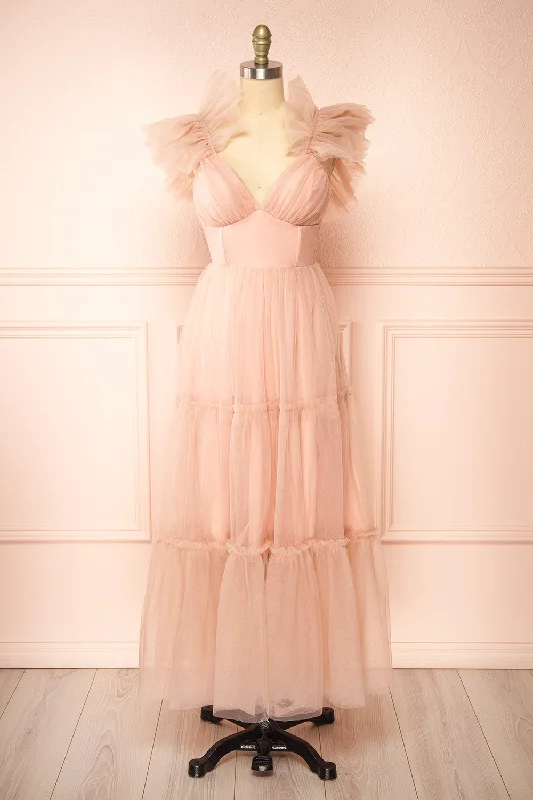 Eunby | Maxi Pink Tulle Dress w/ Open Back