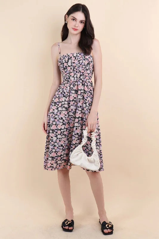 MEADOW FLORAL MIDI DRESS IN BLACK