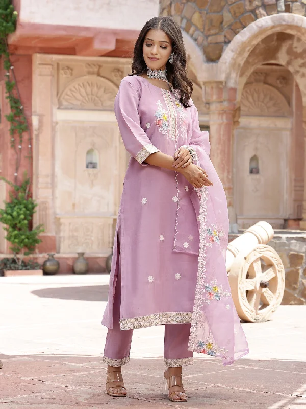 Purple Embroidered Silk Blend Straight Kurta Pant Dupatta Set