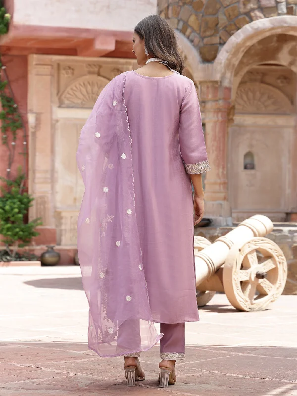 Purple Embroidered Silk Blend Straight Kurta Pant Dupatta Set