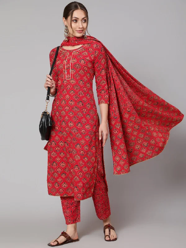 Cotton Red Calf Length Straight 3/4 Sleeve Round Neck Printed Kurta, Pants & Cotton Dupatta