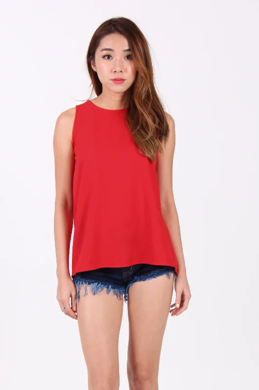 Contrast Ribbon Back Cut-Out Top in Red