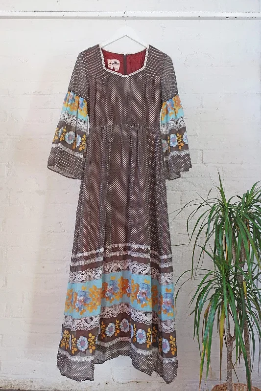 Vintage Maxi Dress - Ash Brown Polka Dots & Lace - Size XS/S